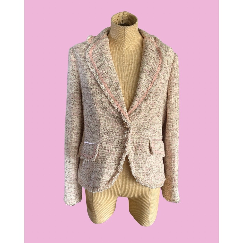 Y2K The Limited Size 12 Pink Pastel Tweed Dress Blazer Jacket Fringe Pearl